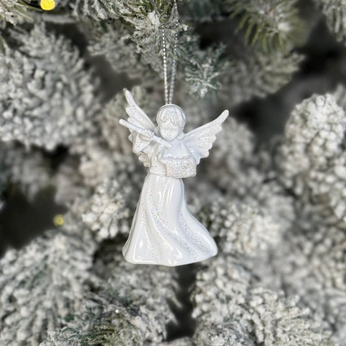 Новорічна фігурка Янгол з сопілкою малий білий