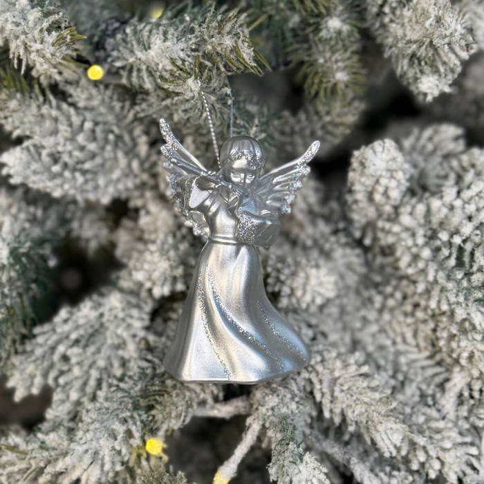 Новорічна фігурка Янгол з сопілкою великий срібний