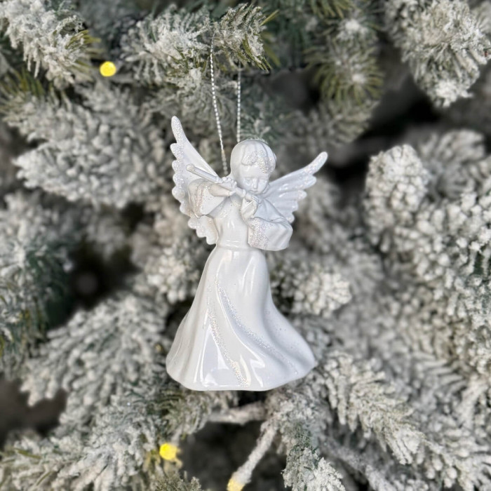 Новорічна фігурка Янгол з сопілкою великий білий