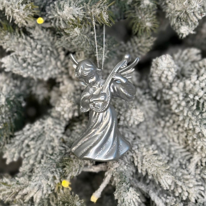 Новорічна фігурка Янгол з бандурою великий срібний