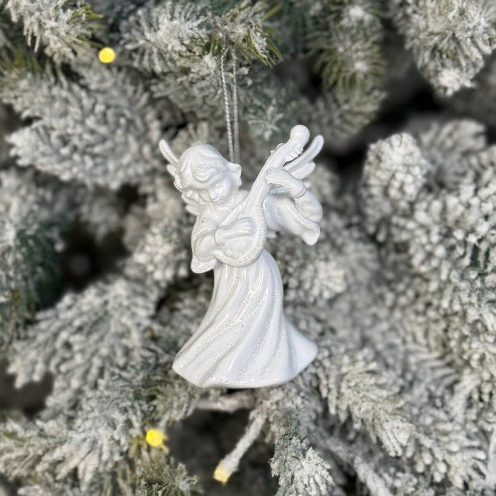 Новорічна фігурка Янгол з бандурою великий білий