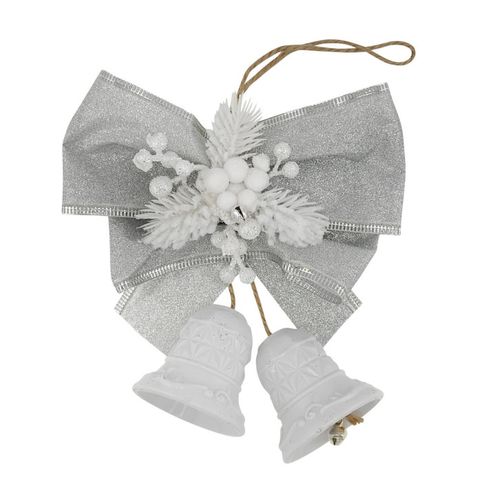 Новорічні дзвіночки сіро-білого кольору з бантом ручної роботи