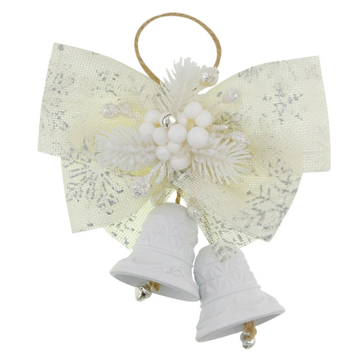 Декоративні новорічні дзвіночки з бантом білий колір