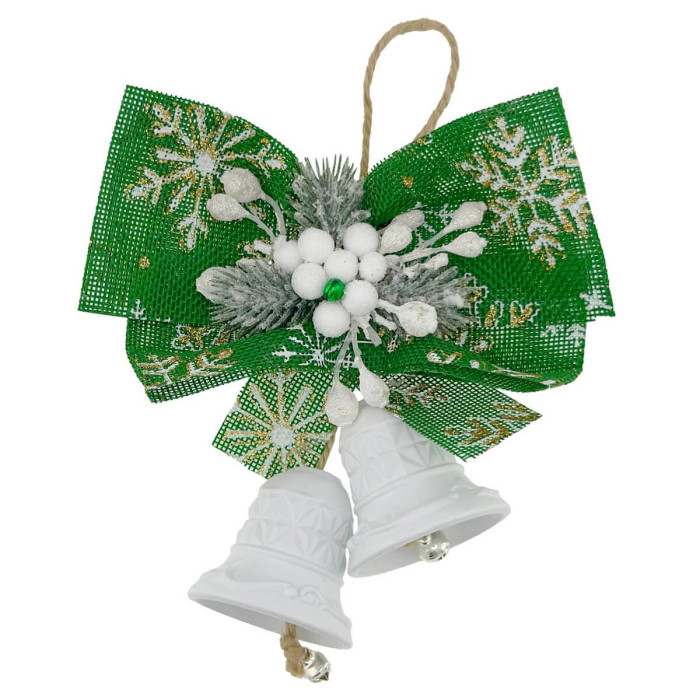 Декоративні новорічні дзвіночки зеленого кольору з бантом