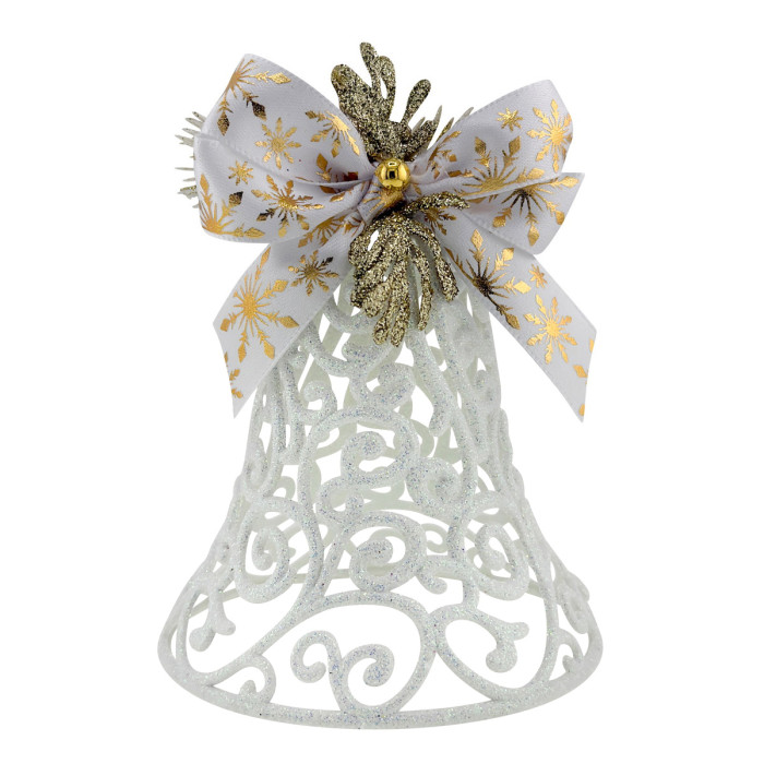 Новорічний дзвіночок ажурний білий з принтом