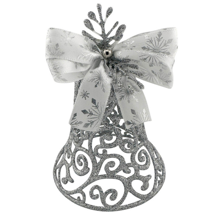 Новорічний дзвіночок ажурний сріблястий