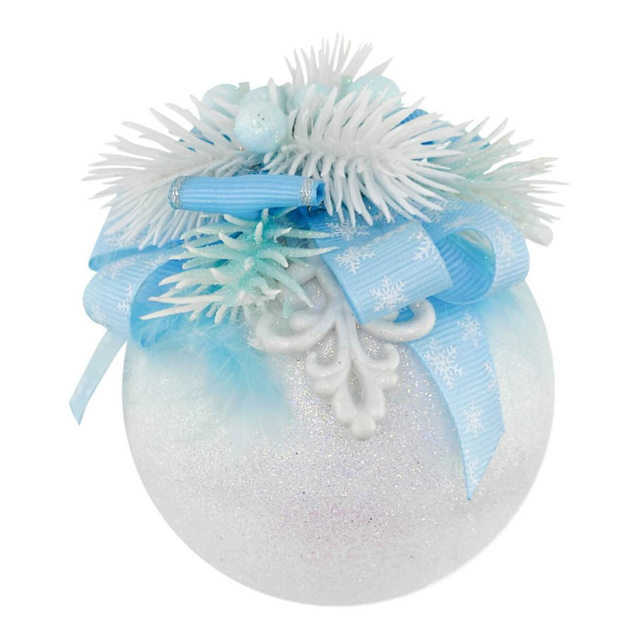 Новогодний шар 8 см ручной работы белый шар с голубым бантом