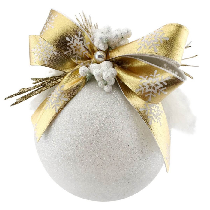 Новорічна куля 8 см ручної роботи біла куля із золотим бантом