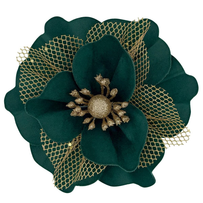 Квітка новорічна з тканини Зелена з золотом