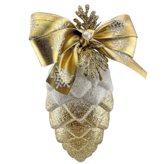 Новорічна шишка декорована золота із золотим бантом