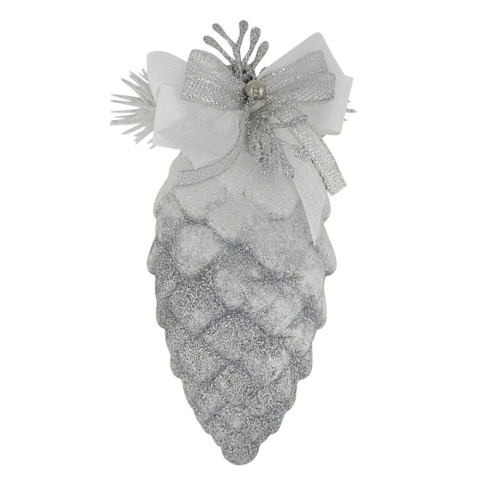 Новорічна шишка декорована срібна зі срібним бантом