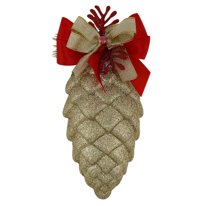 Новорічна шишка декорована золота з червоним бантом