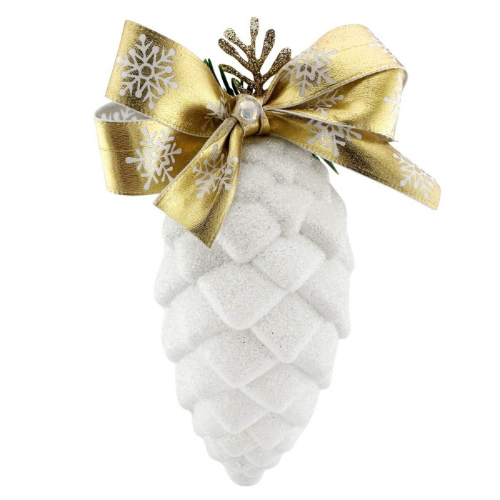 Новорічна шишка декорована біла із золотим бантом