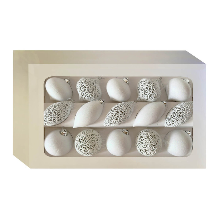 Новорічний набір ялинкових прикрас білих – 15шт