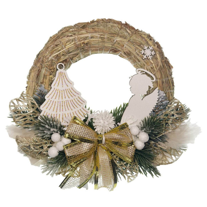 Новорічний Солом'яний вінок 15 см з декором ручної роботи