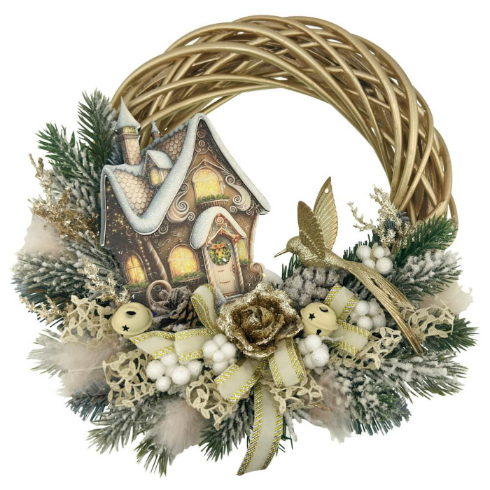 Новорічний Віночок 25 см з лози та декором ручної роботи