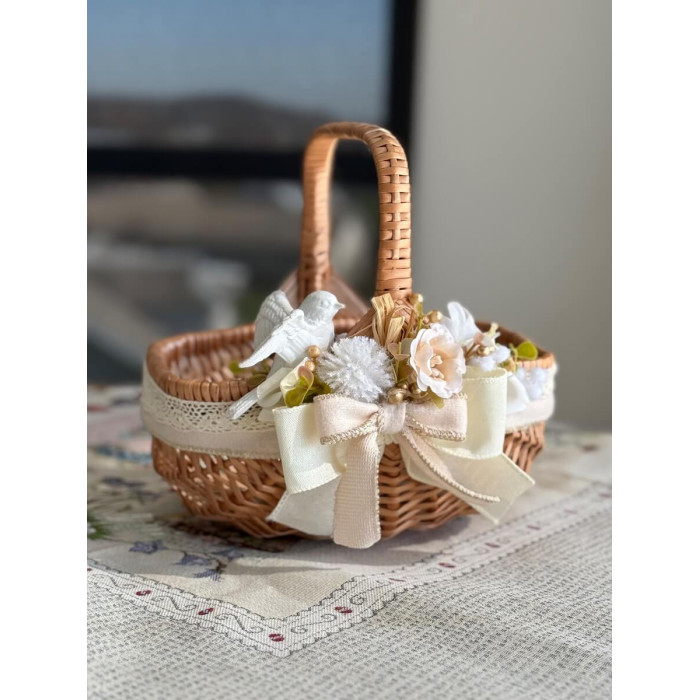 Easter handmade basket made of natural wicker with cream decor, medium