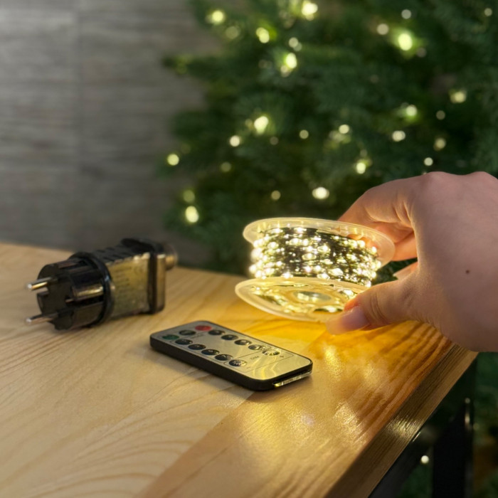 LED Garland Rosa 50 meters, warm white color LEDs on green wire, 500 LED, with remote control