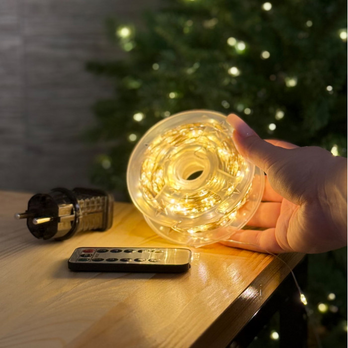 Світлодіодна гірлянда Роса 100 метрів, діоди теплого білого кольору на білому проводі, 1000 LED, з пультом керування