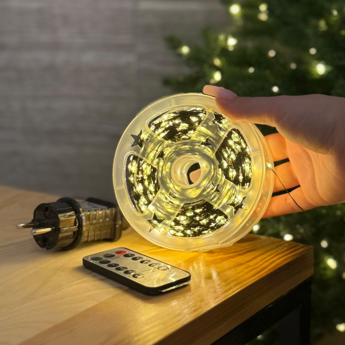 Светодиодная гирлянда Роса 200 метров, диоды тёплого белого цвета на зелёном проводе, 2000 LED, с пультом управления