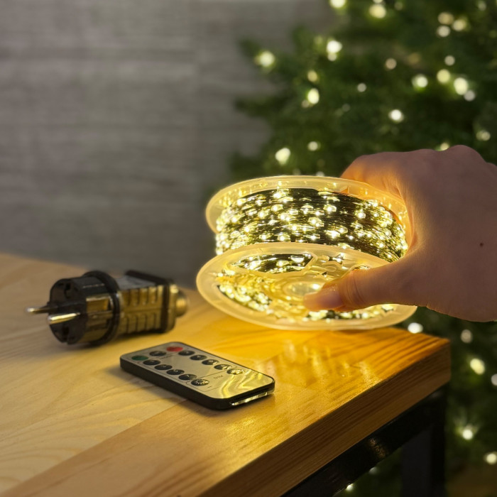 Светодиодная гирлянда Роса 200 метров, диоды тёплого белого цвета на зелёном проводе, 2000 LED, с пультом управления