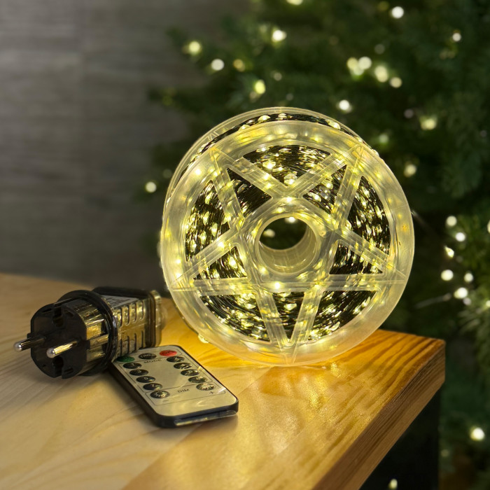 LED Garland Rosa 300 meters, warm white color LEDs on green wire, 3000 LED, with remote control