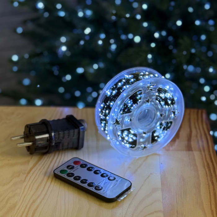 LED Garland Rosa 100 meters, cool white color LEDs on green wire, 1000 LED, with remote control