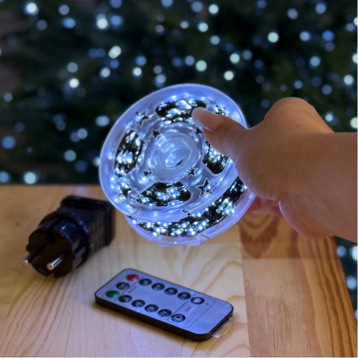 LED Garland Rosa 100 meters, cool white color LEDs on green wire, 1000 LED, with remote control