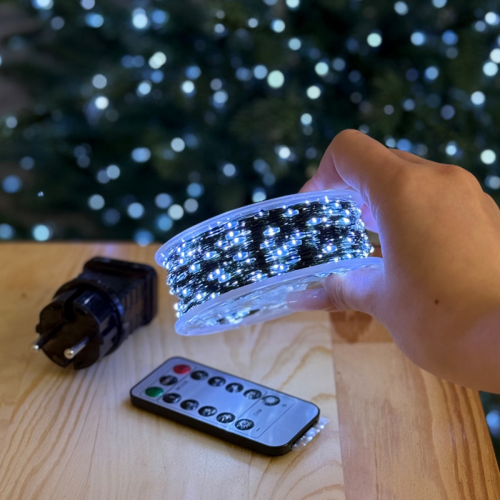 LED Garland Rosa 100 meters, cool white color LEDs on green wire, 1000 LED, with remote control