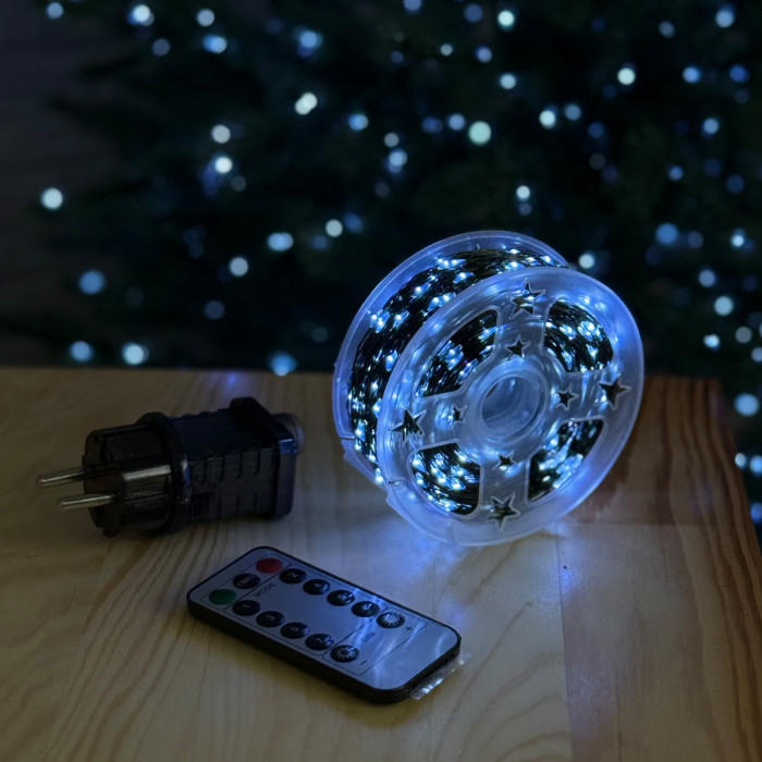 LED Garland Rosa 100 meters, cool white color LEDs on green wire, 1000 LED, with remote control