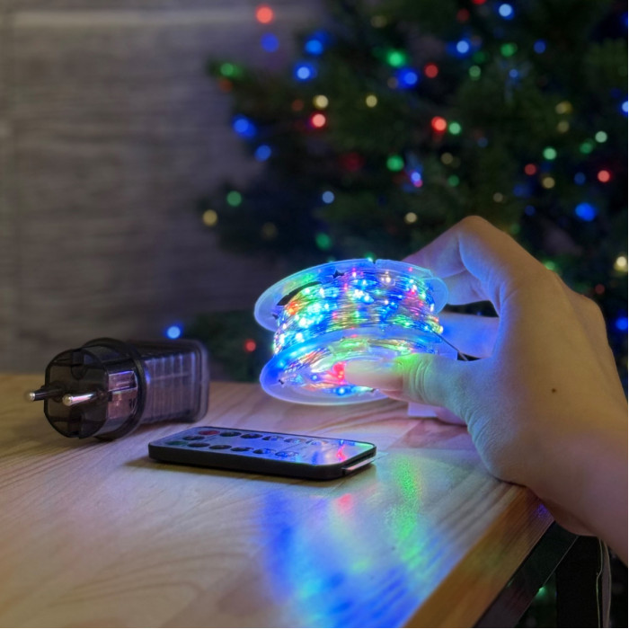 LED Garland Rosa 50 meters, LEDs of different colors on white wire, 500 LED, with remote control